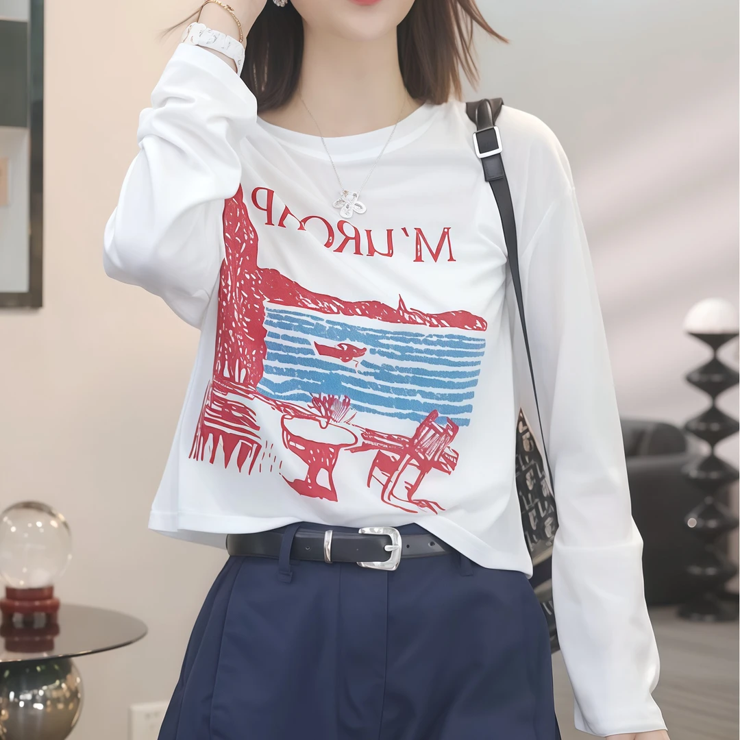 【魅力磁场】2025夏季新款时尚休闲气质长袖T恤女印花韩版上衣