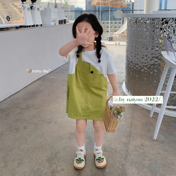 女童夏装短袖假两件背带连衣裙韩版2022夏季新款休闲时髦宝宝裙子