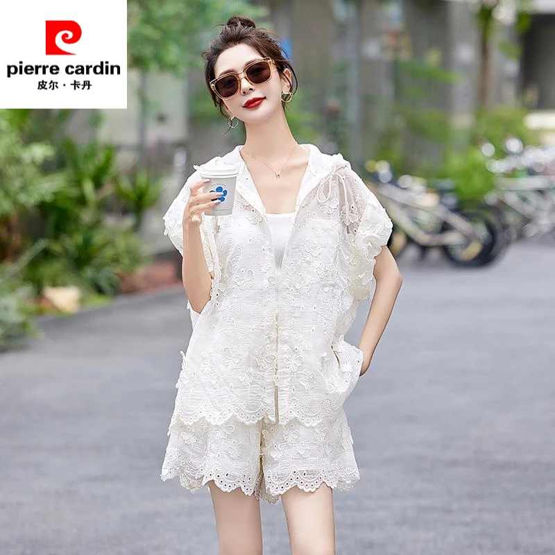 时尚宽松显瘦气质刺绣蕾丝花边连帽短袖套装2024女夏季新款两件套