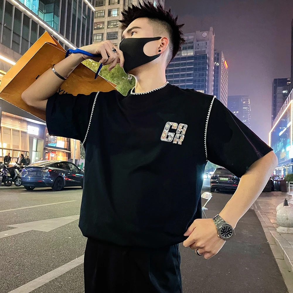 夏季高街重磅男装白色短袖t恤男款夏天潮流潮牌宽松大码男生上衣