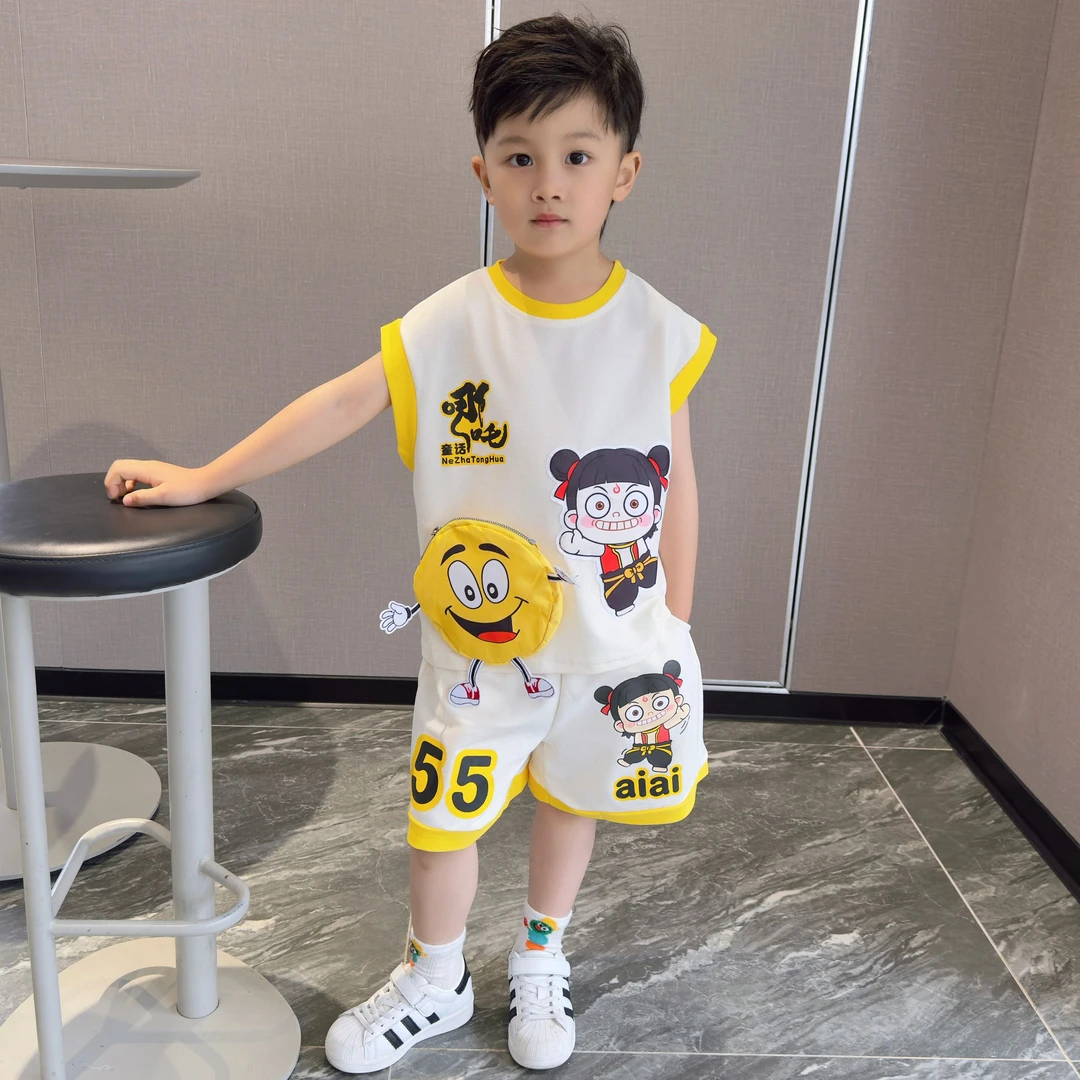 哪吒儿童服装2025新款男童夏套装男宝宝潮酷无袖衣服男孩运动背心