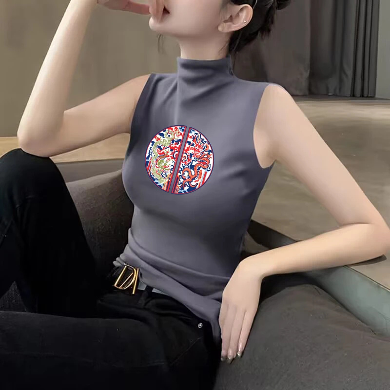 铁灰色莫代尔坎肩无袖背心女春夏内搭修身显瘦薄款冰丝印花上衣潮