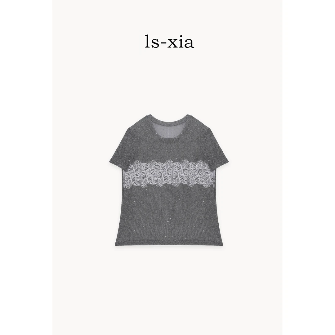 【叙事蕾感】重工拼蕾丝·亮片细闪T时尚圆领短袖T恤