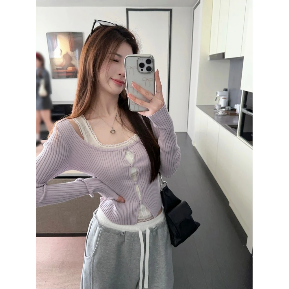 假两件蕾丝拼接长袖针织衫女秋季新款纯欲风气质小众修身显瘦上衣