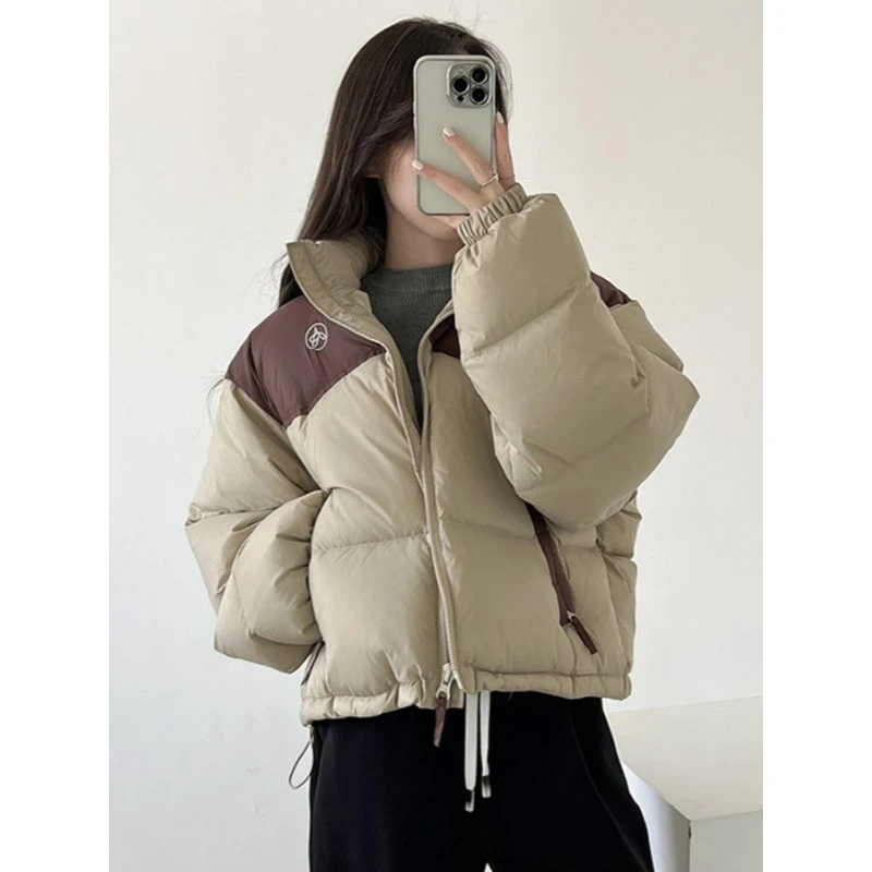 羽绒服女短款2025新款韩版拼接面包宽松加厚小个子白鸭绒冬季外套