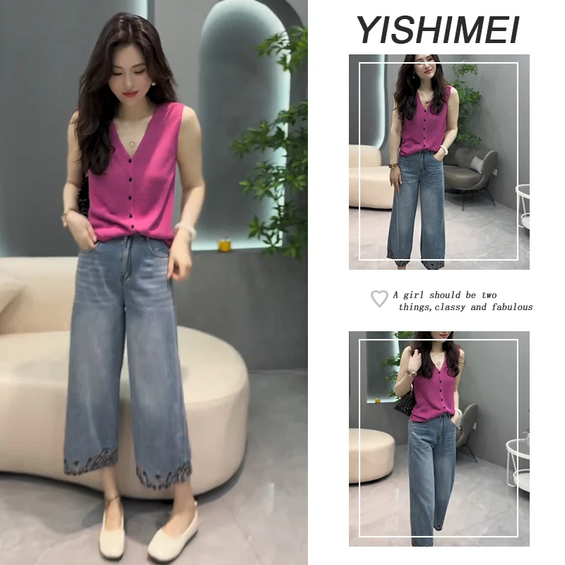 今年流行夏季穿搭一整套2025年新款韩系v领无袖上衣牛仔裤两件套