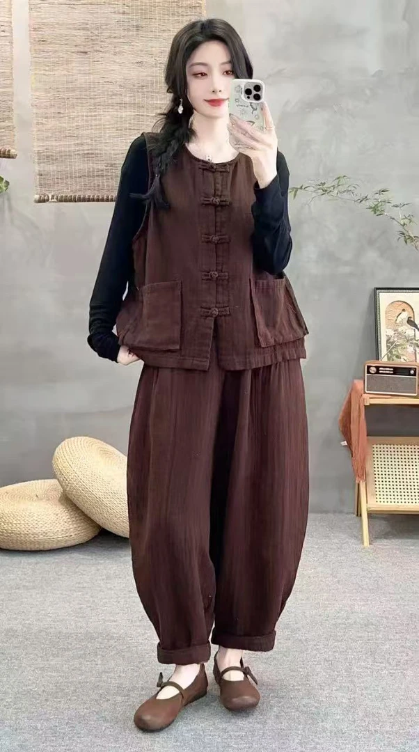 棉麻套装百搭透气单排扣盘扣马甲复古套装马甲国风网红显瘦春季
