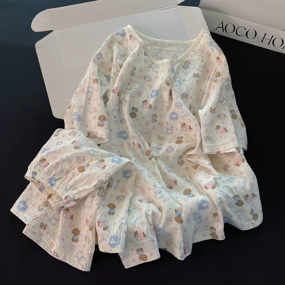 云朵棉睡衣女夏季短袖大码凉感可外穿2025新款卡通小狗家居服套装