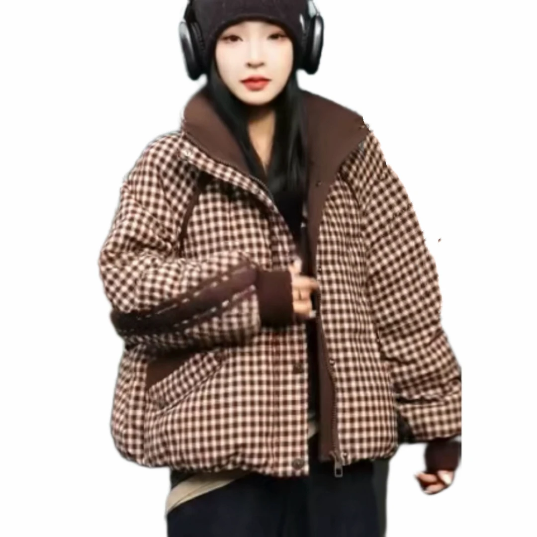 （远映）W45翻领潮流时尚宽松百搭格子羽绒服62长