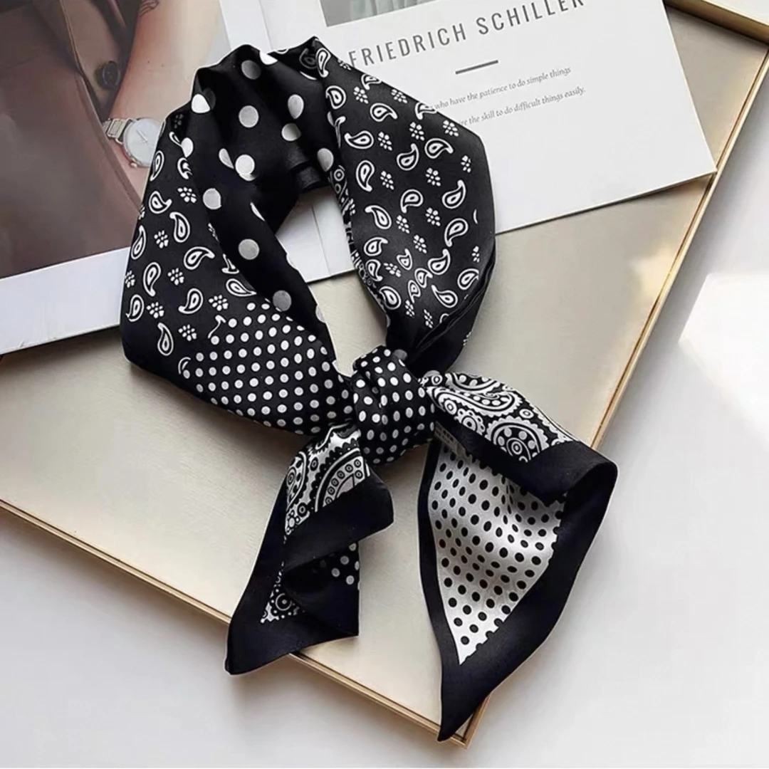 桑蚕丝丝巾女春夏高端145*16cm长巾飘带黑白波点腰果圆点围巾J224