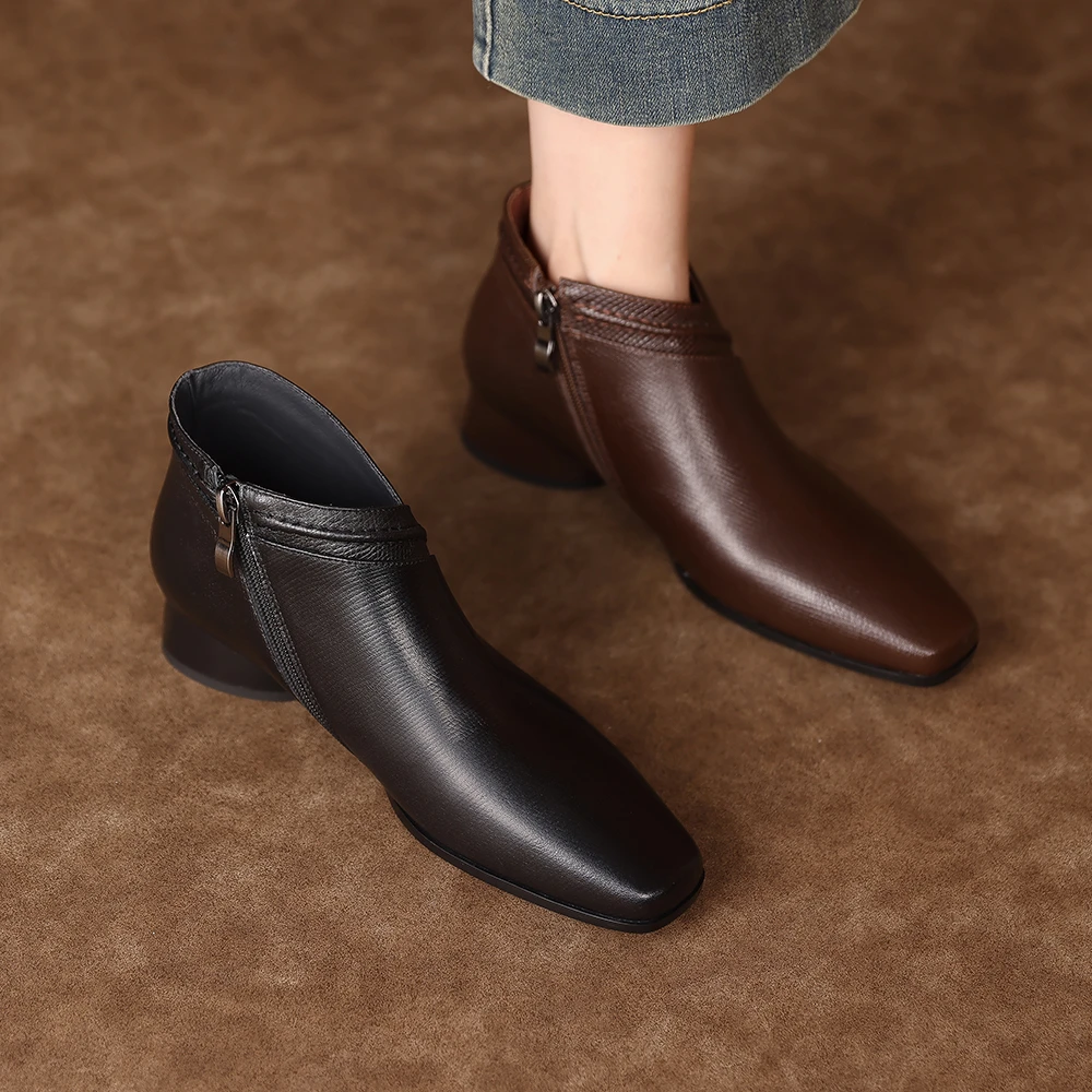 1896-2及踝靴2025春新款短靴女粗跟中跟鞋靴子小方头时尚单靴真皮