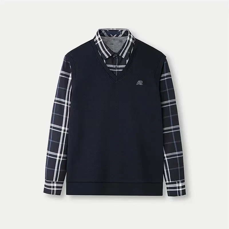 069拼接针织衫百搭毛衣商务男士秋季防风V领毛衣针织NN