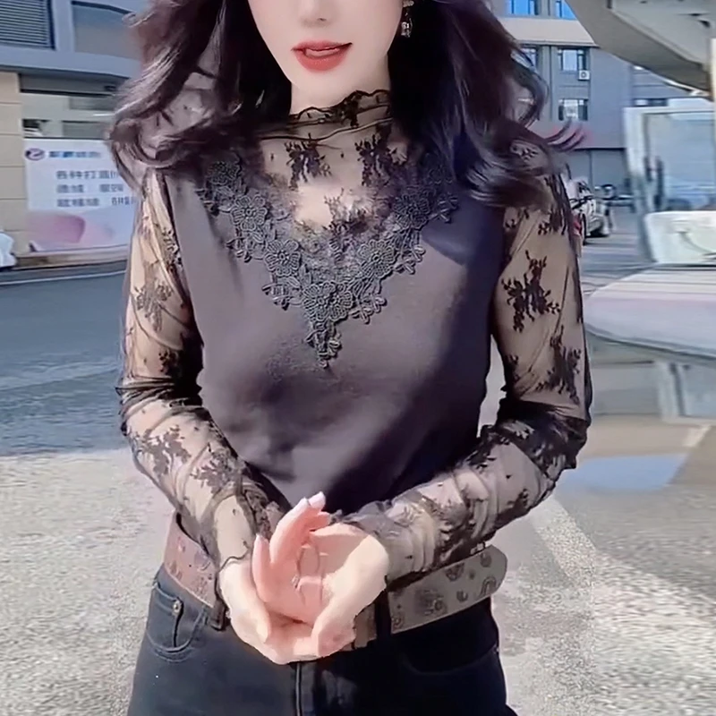 2025秋冬新款女黑色网纱T恤修身显瘦减龄半高领蕾丝打底衫上衣