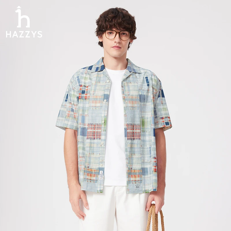 Hazzys哈吉斯男士短袖衬衫夏季时尚潮流格纹休闲衬衣
