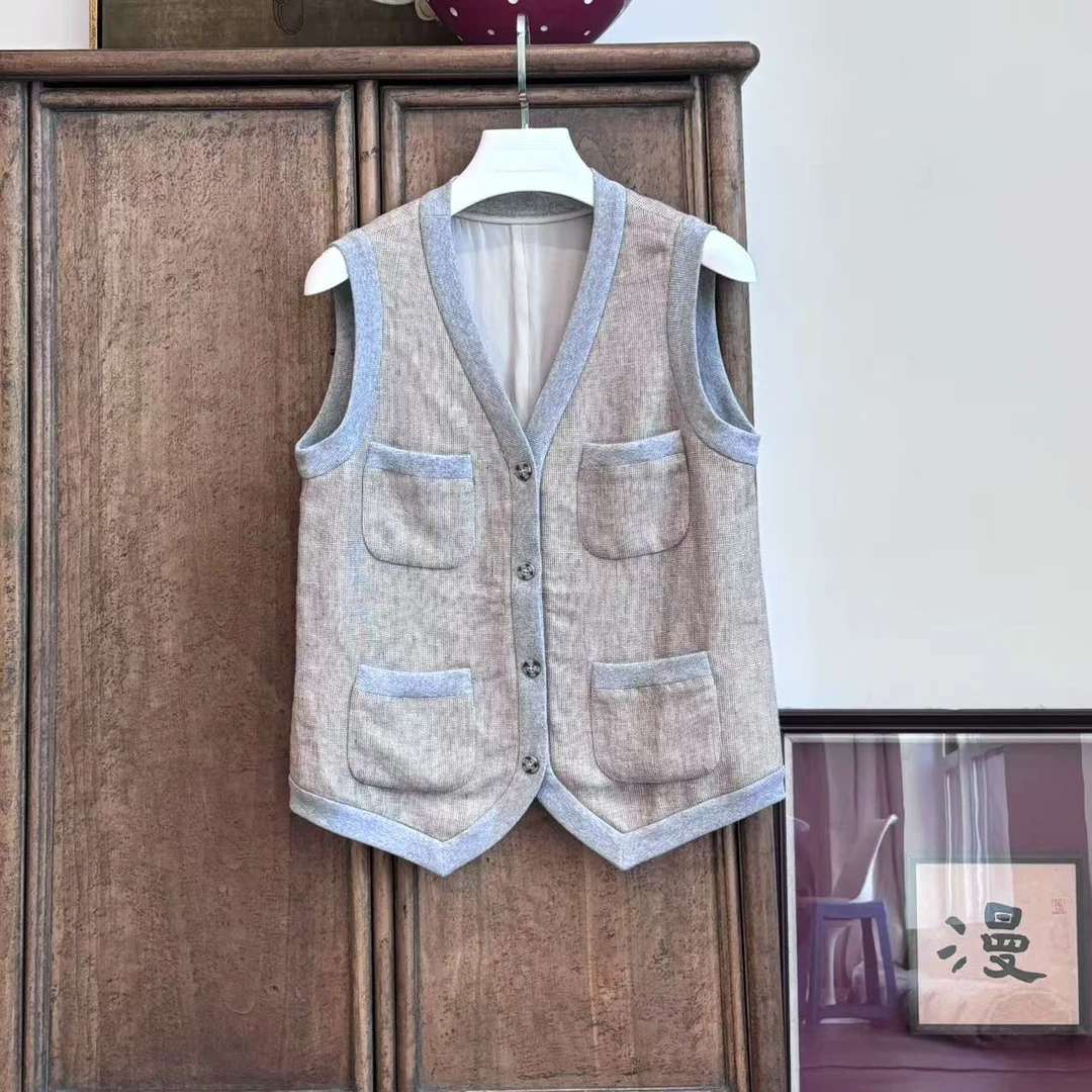 MYL 2025夏季新品软亚麻灰色马夹V领无袖单排扣蓝色拼色休闲马甲