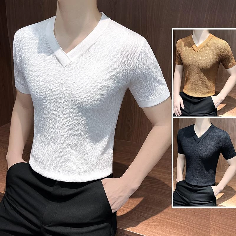 高级感小v领男士短袖t恤夏季薄款透气镂空冰丝修身针织衫上衣男款