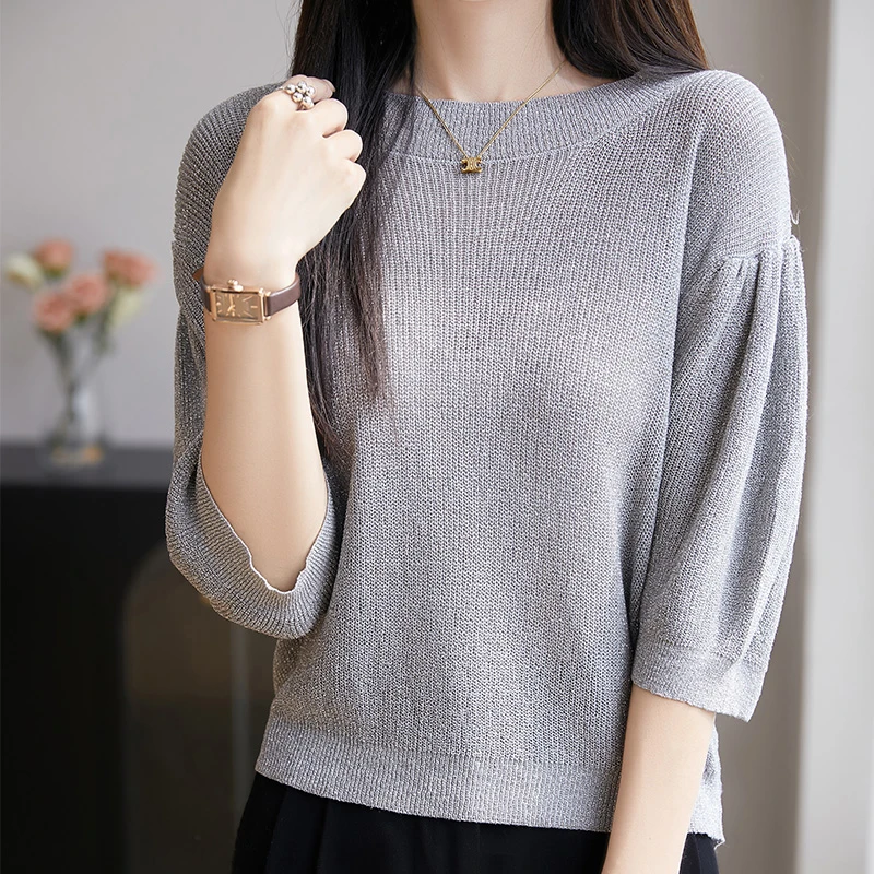 夏季圆领针织短袖T恤气质百搭显瘦中袖时尚宽松薄款泡泡袖圆领