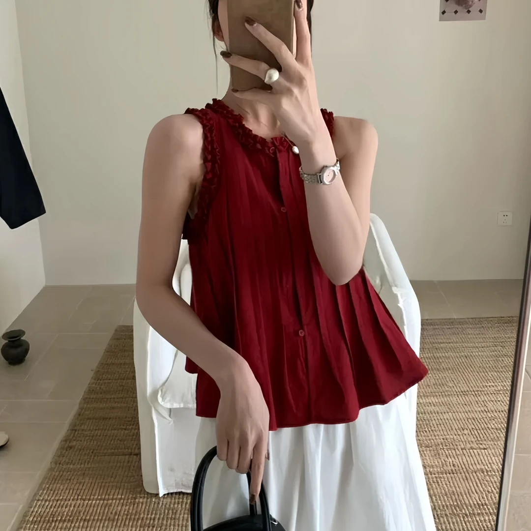 璎婲sᴀᴋᴜʀᴀ【樱桃甜酒】媛韩版减龄单排扣圆领压褶无袖花边纯色衬衫