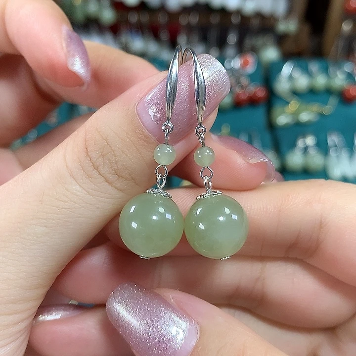 和田玉银S925镶嵌耳饰天然卡12mm左右冰晴水