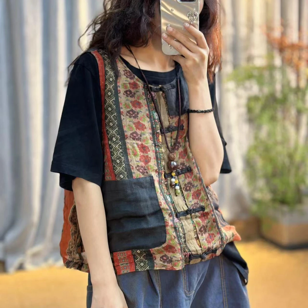 YQ290夏季新款薄款百搭宽松拼接中式撞色拼色中国盘扣布马夹