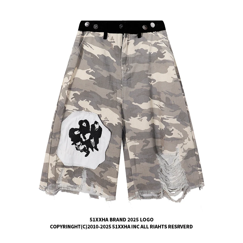 51嘻哈美式高街迷彩破洞牛仔短裤男女vintage复古宽松阔腿七分裤