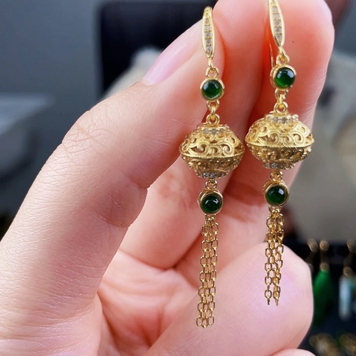 翡翠耳饰银S925镶嵌饰品