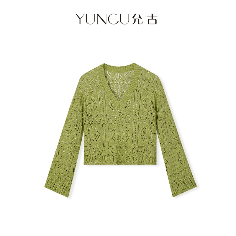 YUNGU允古 高级感镂空亚麻V领针织衫2025春夏新款时尚百搭上衣女