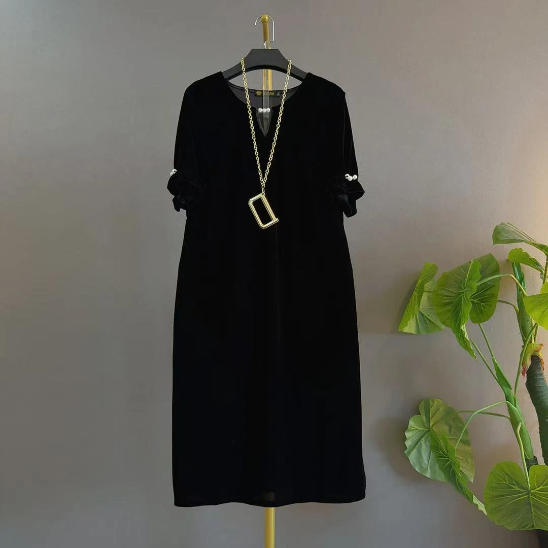 直筒裙长裙宽松透气连衣裙显瘦黑色丝绒辣妹风胖mm遮肉苹果型简约