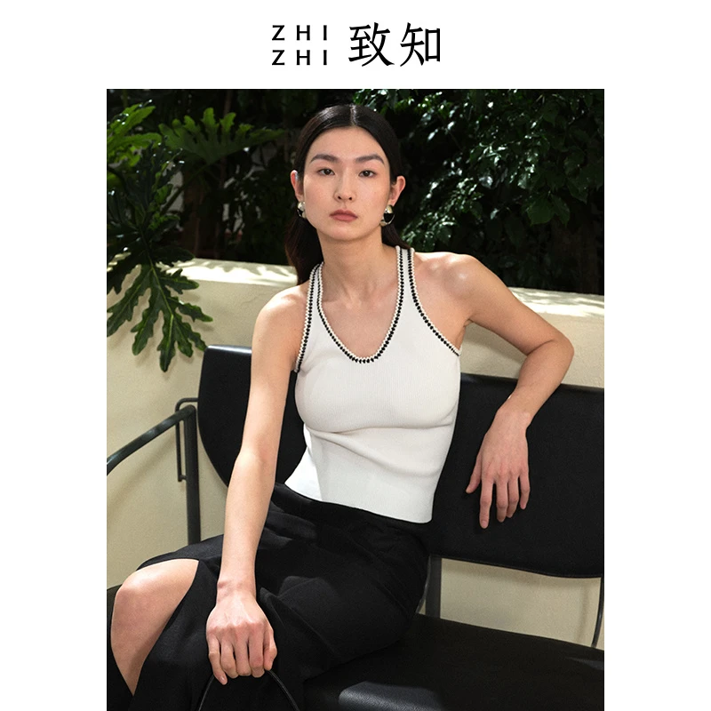隔溪栖 法式别致背心女2023夏新款撞色花边针织上衣ZZ2CMKZ7270