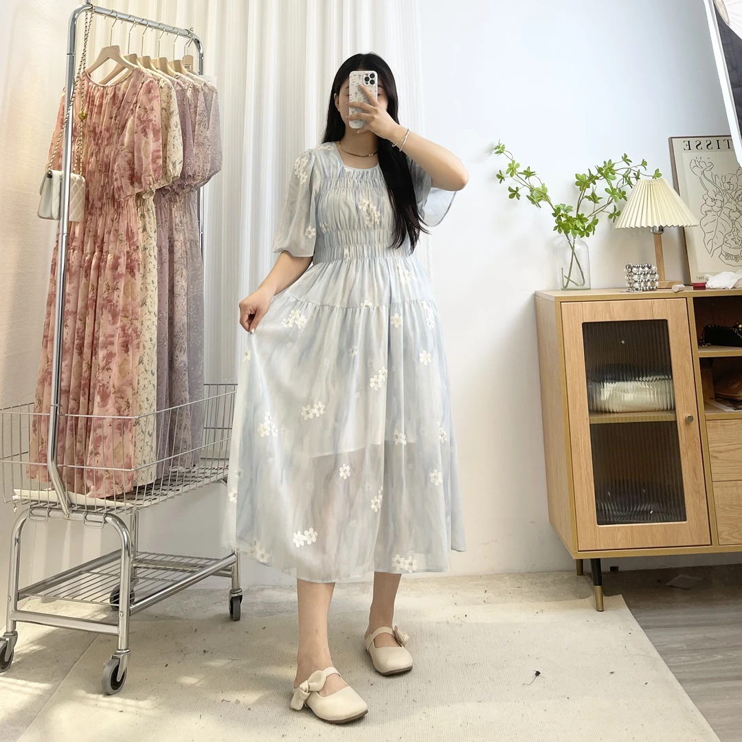 轻奢气质【江南绣品】星河蓝显白大码松紧收腰显瘦微胖mm仙女长裙