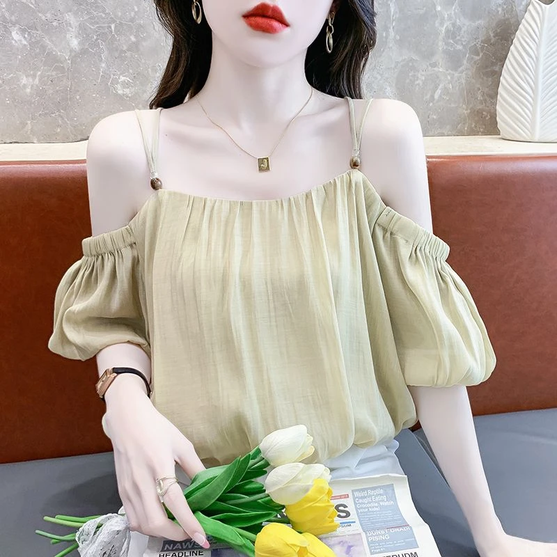 宽松显瘦泡泡短袖衬衫上衣服夏季新款性感露肩一字领吊带雪纺衫女