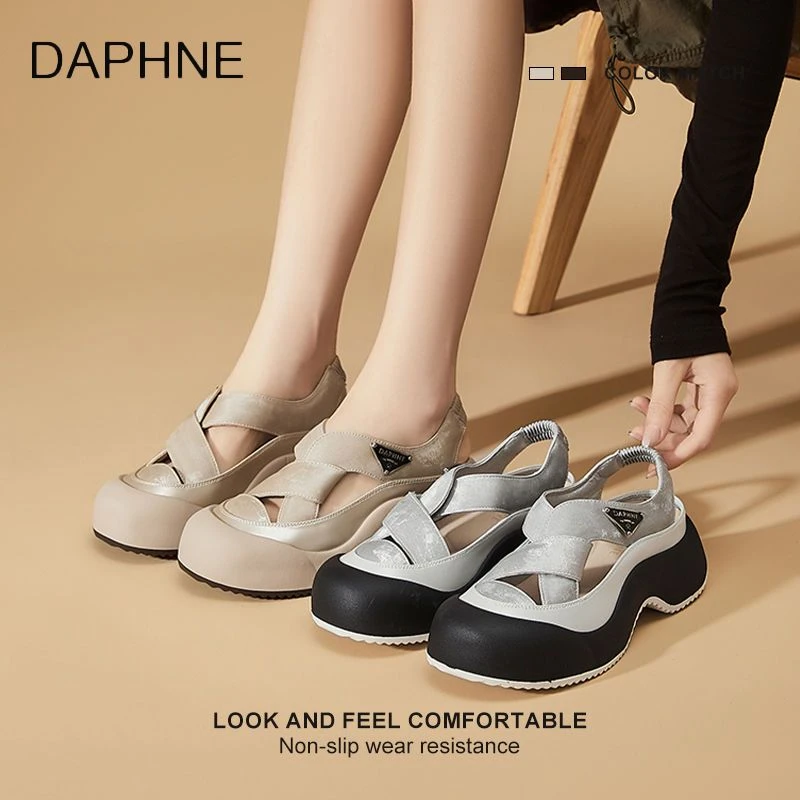 达芙妮韩版女鞋2025夏季复古百搭舒适超软镂空厚底增高透气凉鞋潮