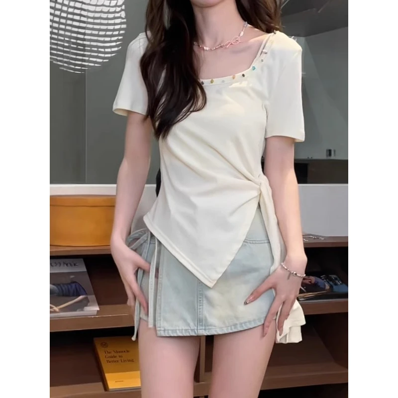 美式纯欲女装纯棉设计感绑带正肩短袖t恤夏季新款收腰巨显瘦上衣