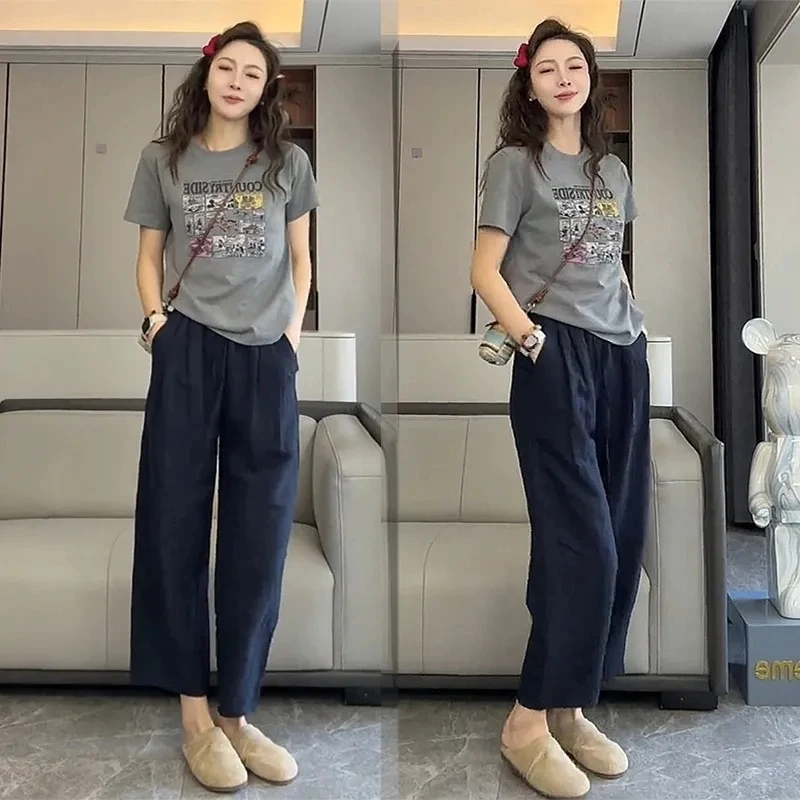 2025夏季韩版时尚休闲圆领印花短袖高腰休闲九分裤显瘦气质两件套