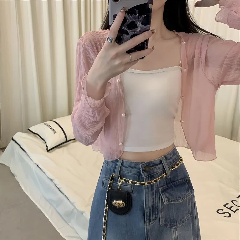 防晒开衫女薄纱小外搭外穿粉红色雪纺披肩夏季配吊带裙子短款睡衣