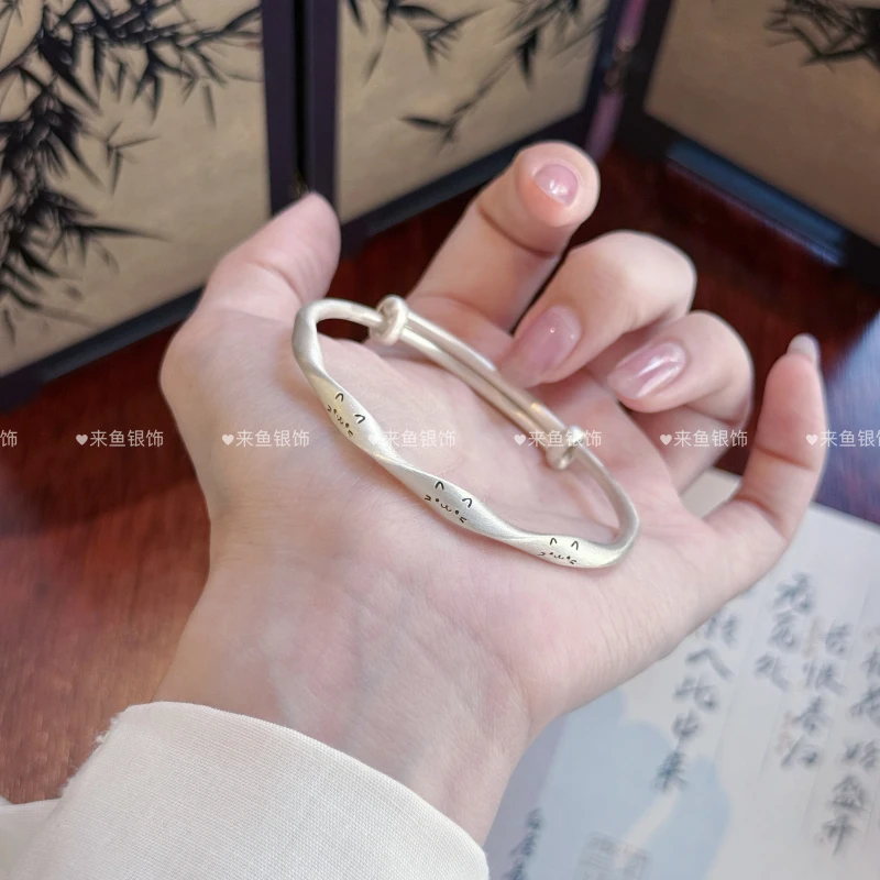 足银手镯 可爱猫•足银999.9古法莫比乌斯可爱活口推拉纯银手镯