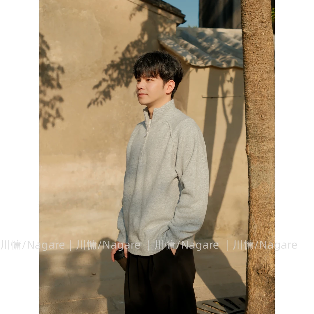 川慵Nagare高智感‘肤感翻领半高领冬季慵懒极简针织老钱拉链毛衣