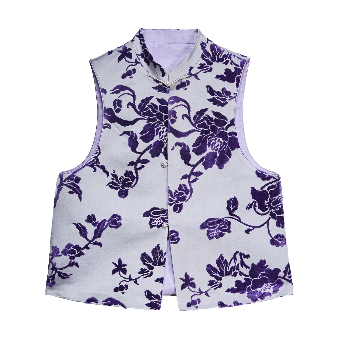 【魏紫】新中式漳缎马夹 紫色牡丹纹国风马甲