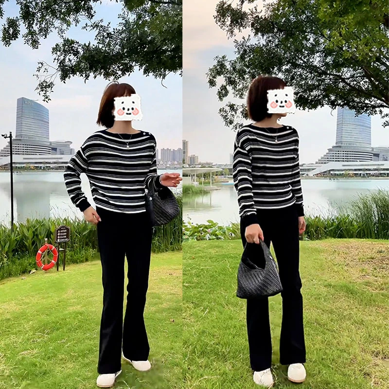 2025秋季新款设计感时尚百搭气质条纹显瘦圆领上衣女休闲裤两件套