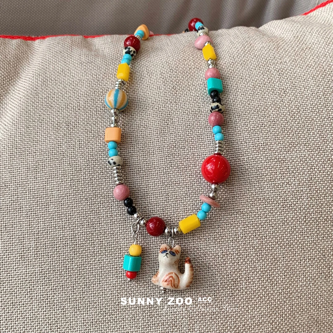 铜合金项链 奇幻波曼 手作多巴胺彩色串珠项链童趣猫咪可爱项链