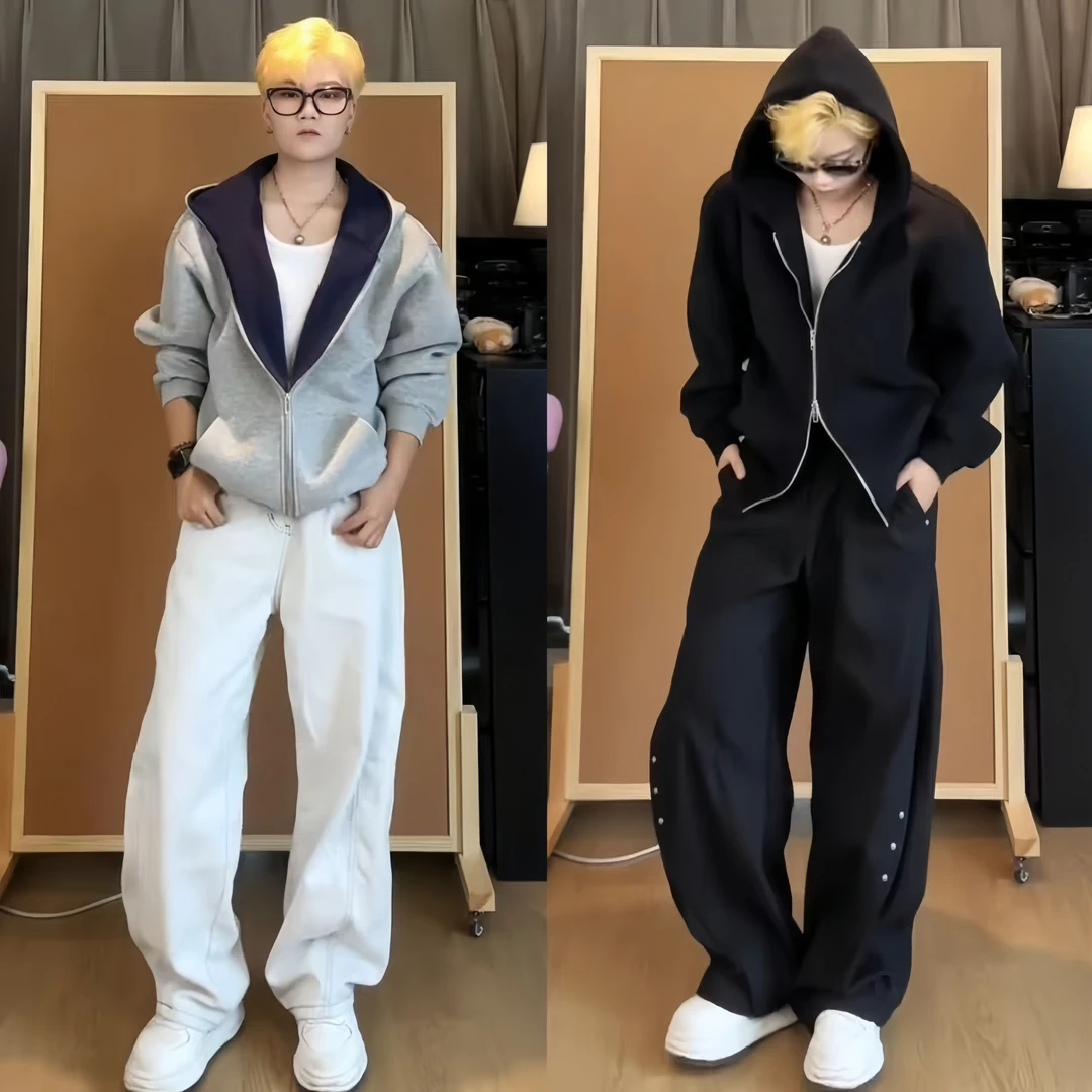 秋季新款男士重磅连帽廓形开衫卫衣时尚百搭短宽男女同款休闲外套