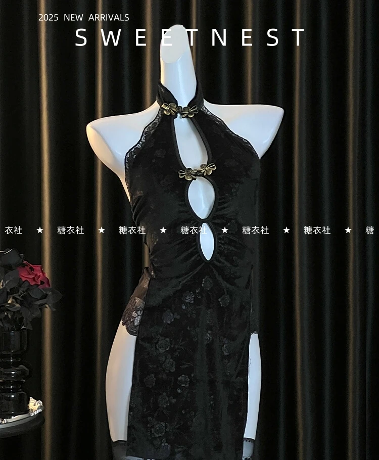 【暗夜玫瑰 拍一发六 80-200斤】古典性感镂空丝绒复古大码旗袍睡裙