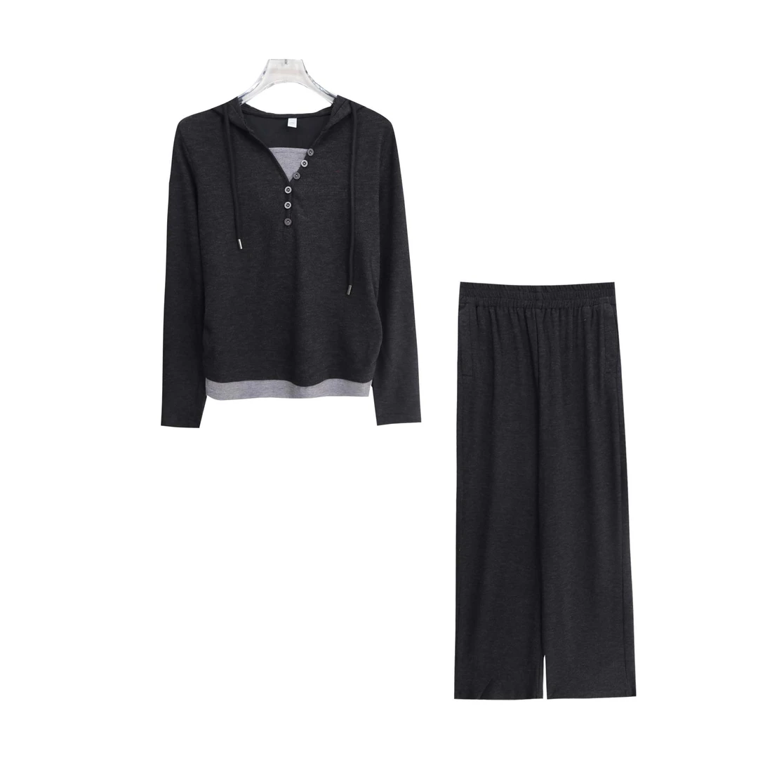 宽松舒适假两件连帽上衣垂感阔腿裤套装S4209