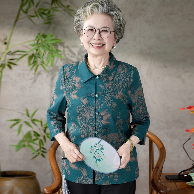 奶奶夏装衬衫七分袖中老年人妈妈夏季宽松衬衣小衫70岁老太太衣服