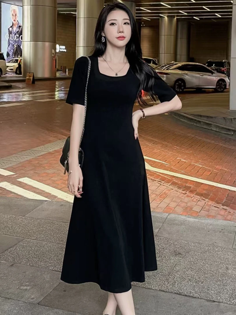 【丽姐宠粉】法式方领显瘦女新款收腰A字裙修身中长款气质长裙S172
