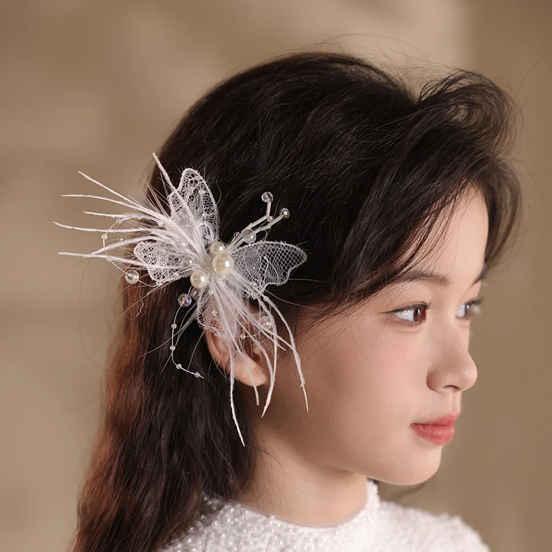 原创设计款蝴蝶羽毛发夹公主韩式花童饰品儿童生日宴百搭钢琴发饰