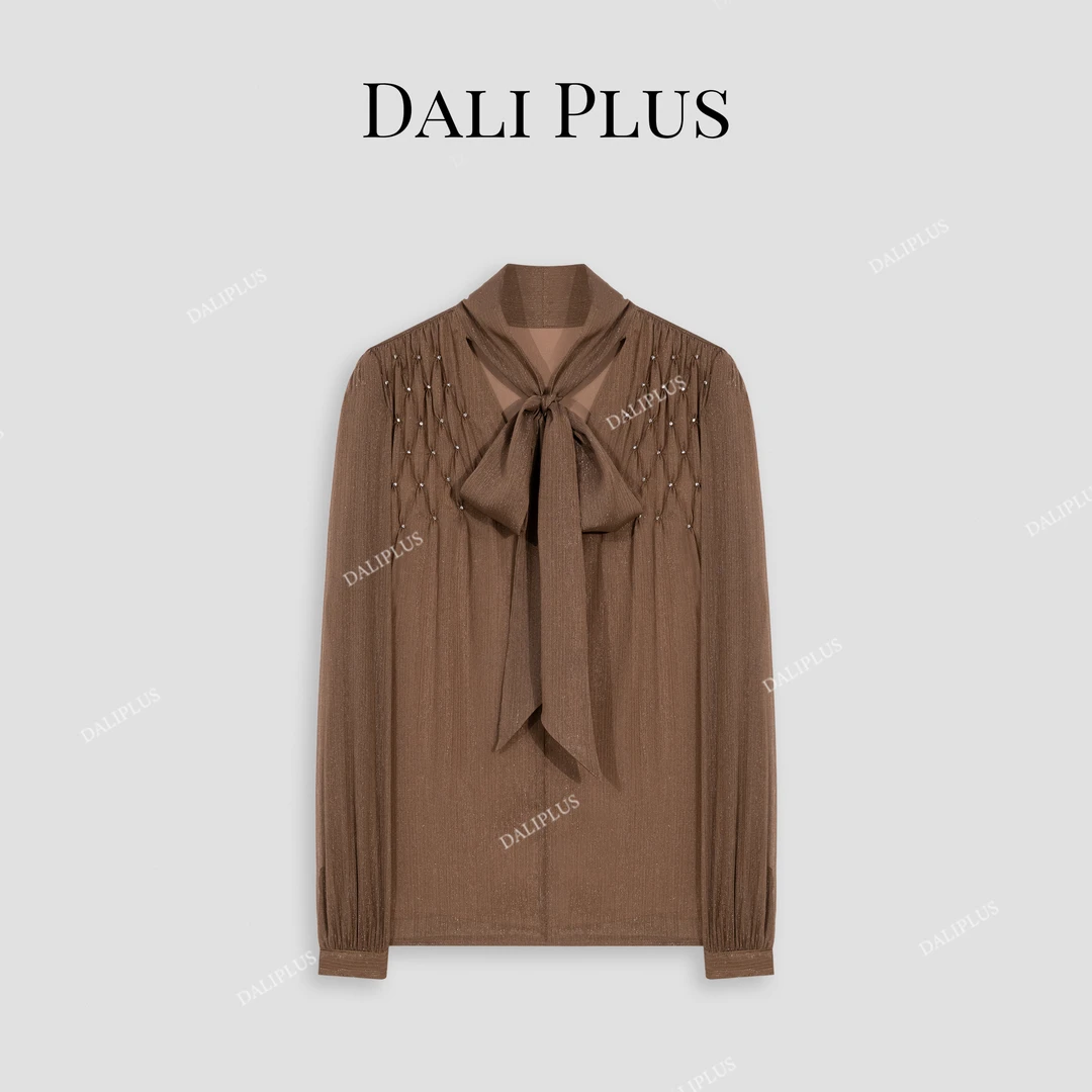 DALI PLUS法式镶钻闪闪蝴蝶结飘带长袖衬衫-D4MM0329-2