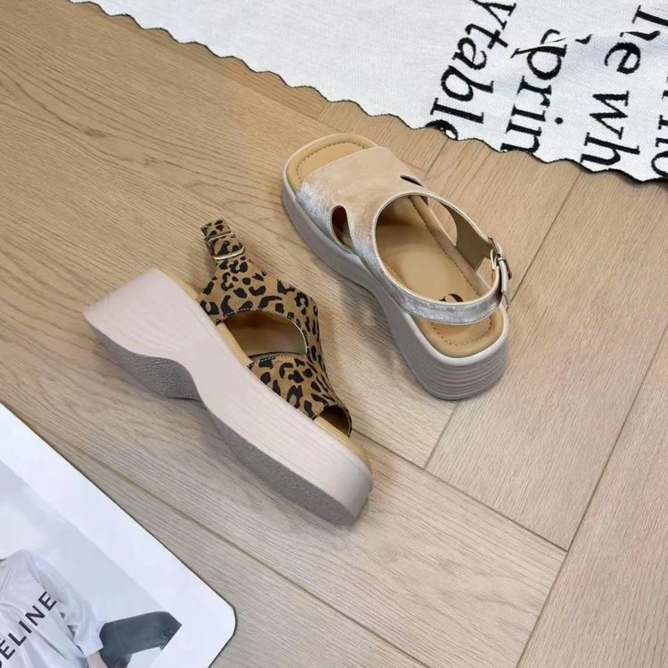 防水台女豹纹露趾纳帕纹时装凉鞋圆头鞋子高帮女士