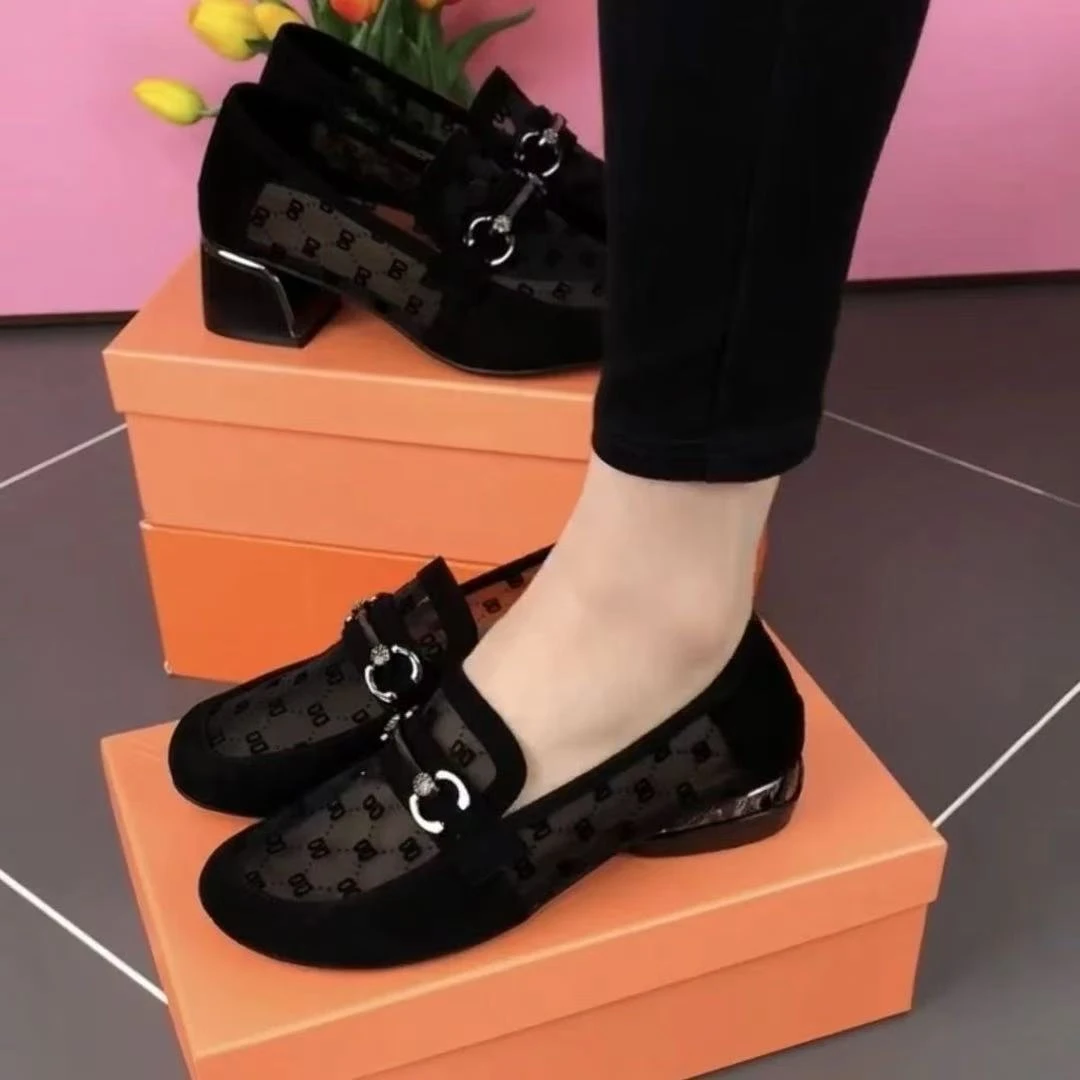 2025新款镂空网纱女夏款百搭舒适凉鞋圆头单鞋低跟豆豆妈妈鞋