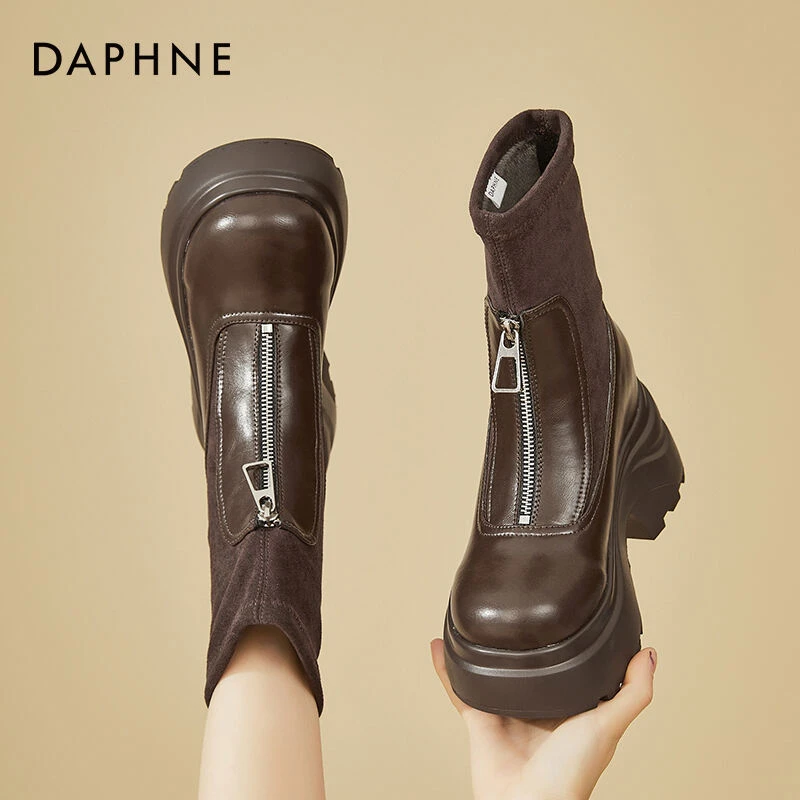 达芙妮厚底瘦瘦靴女靴马丁靴2025年新款秋冬季加绒短靴粗跟骑士靴